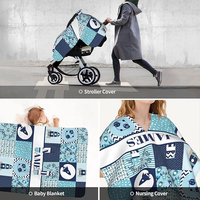 Personalized Minky Car Seat Canopy for Girl Boy, Custom Name Stroller Car Seat Covers Cover for Infant Newborn Shower Gift, Nursing Opening Carseat Cover for Breastfeeding, Rocket