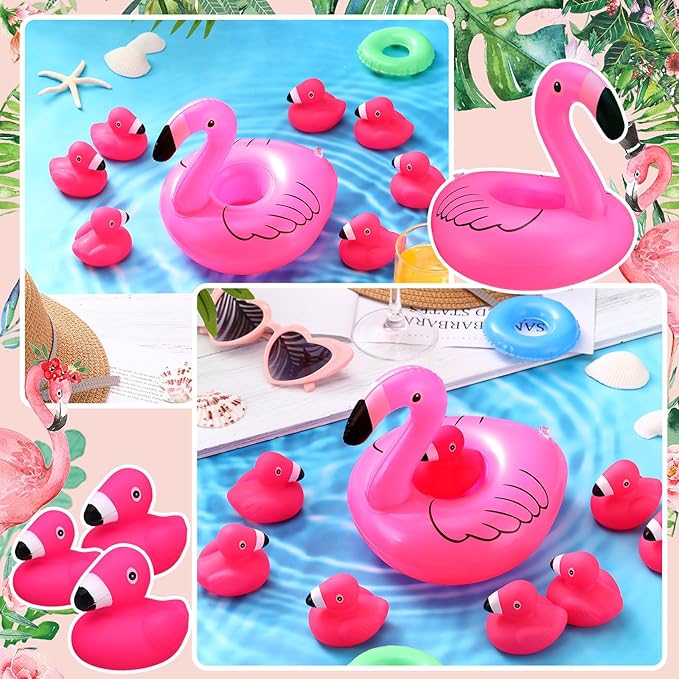 Jerify 48 Pcs Rubber Flamingo Ducks with Inflatable Floating Flamingos Holder Pink Flamingo Bath Floating Toys Car Dashboard Decoration Swimming Pool Ornament for Shower Summer Birthday Party Favors