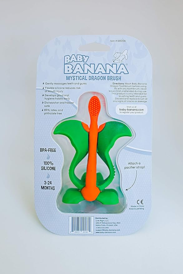 Baby Banana® Dragon Training Teether Toothbrush for Babies and Toddlers, Flexable Silicone with Soft Bristles for Soothing Gums and Cleaning Teeth, Family-Owned Business, Made in USA