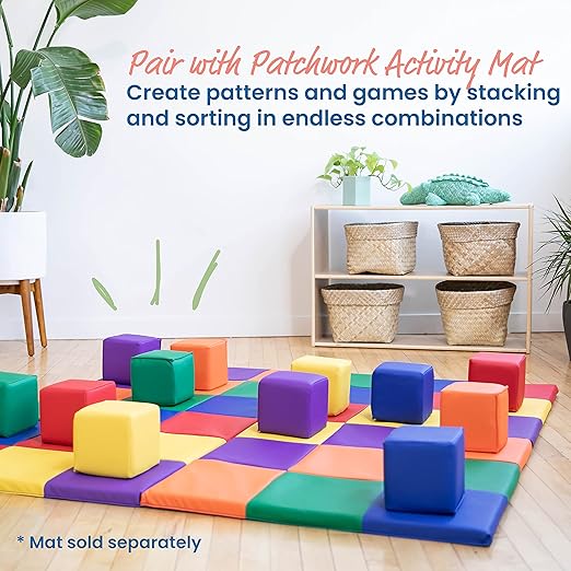 ECR4Kids SoftZone Patchwork Toddler Blocks, Foam Cubes, Assorted, 12-Piece