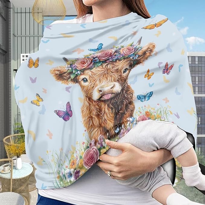 Wanyint Highland Cow Butterfly Blue Infant Car Seat Cover, Baby Carseat Scarf Stretchy Nursing Scarf Car Seat Canopy Breathable Nursing Cover for Boys Girls