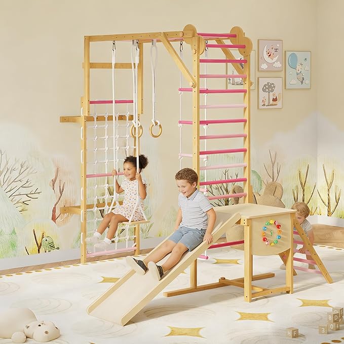 PeakPursuit 8-in-1 Indoor Jungle Gym for Kids Ages 3-10, Wooden Climbing Structure with Slide, Swing, Monkey Bars, Gymnastic Rings, Climbing Rope – Indoor Playground Toy – Natural Wood Pink