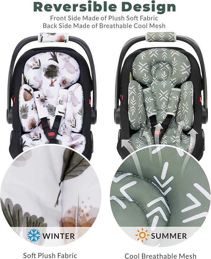 TinlyFinly Newborn Car Seat Insert, Head and Body Support, Reversible Infant Insert Compatible with Baby Carseat, Stroller, Mamaroo Swing, Rocker, Bassinet, Bouncer. Baby Car Seat Cushion - Rabbit