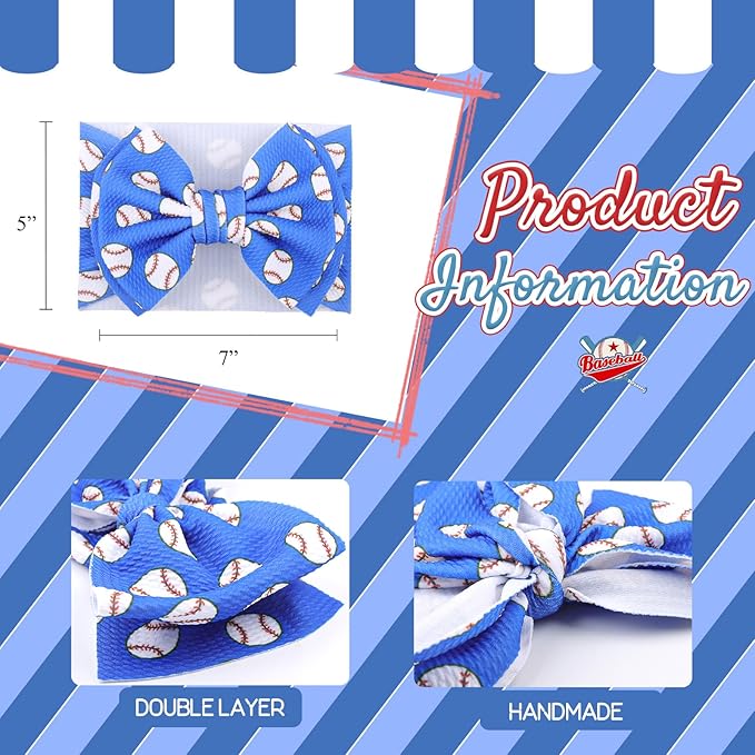 7'' Large Baseball Baby Girl Bows Soft Nylon High Stretchy Headbands for Girl Blue Tied Hairbands with Bows Hair Accessories for Infant Newborn