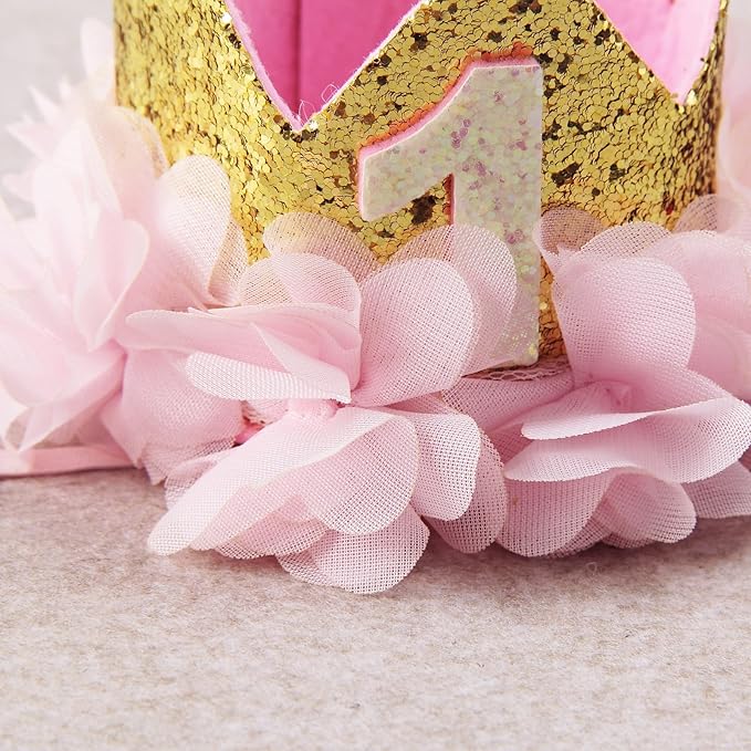 Nishine Gold Glitter Crown Headband Pink Flower Crown Tiara Hairband for Baby Birthday Party Supplies Photo Props (Chiffon& 1)