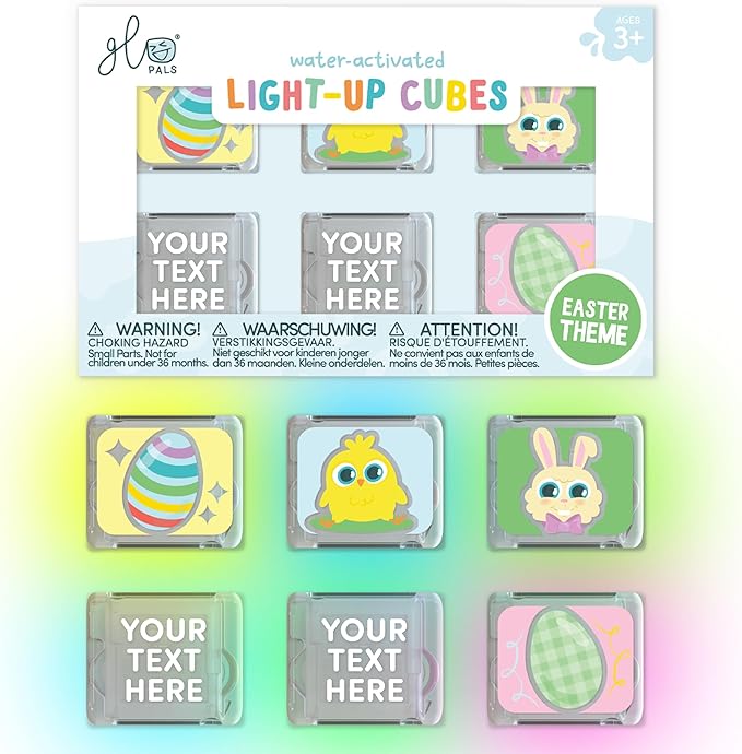 Glo Pals Personalized Hoppy Easter Water-Activated Light-Up Cubes Bath Toy – 6 Pack Easter Basket Stuffers for Kids, Custom Name Light Up Bath Cubes, Sensory Bath Toys, Easter Toys for Toddlers