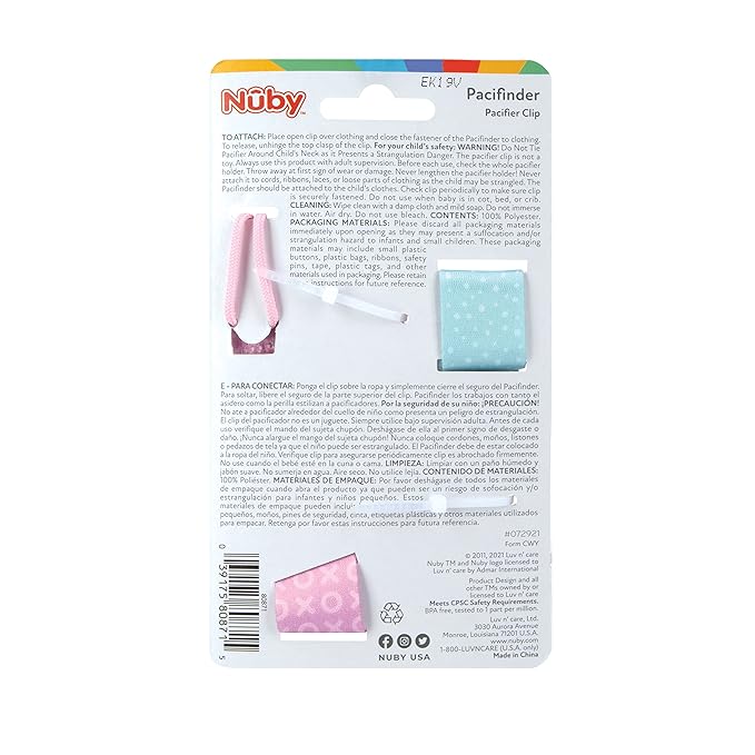 Nuby Pacifinder Baby Pacifier Clip - (2-Pack) - Pacifier Holder Clip with Convenient Hook Loop - Green Dots and Pink XOs