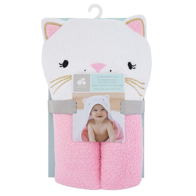 Just Born Boys and Girls Newborn Infant Baby Toddler Hooded Bath Towel, Pink Kitty, One Size