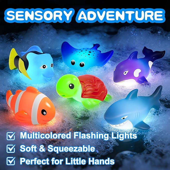 Light Up Bath Toys,Mold Free No Hole Baby Bath Toys for Toddlers,Water-Activated Lights Flashes and Change Color Ocean Animal,Sensory Toys for Kids,Water Table,Bathtub,Shower,Pool