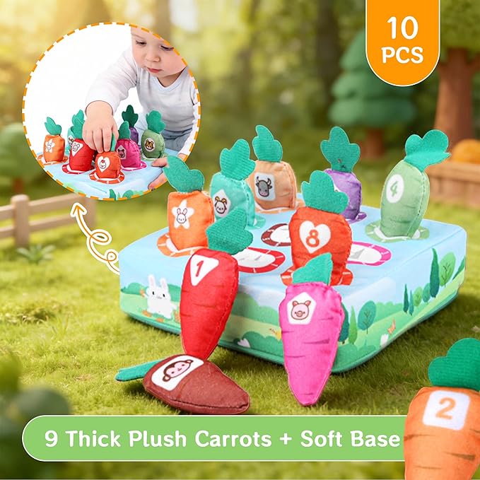 Montessori Toys for 1 Year Old, 10 PCS Plush Carrot Play Kit with Color Shape Number Matching, Pull-Out Soft Baby Sensory Toy Fine Motor Skills Toddler Learning Toys for 6-12 Months Boys Girls Gifts