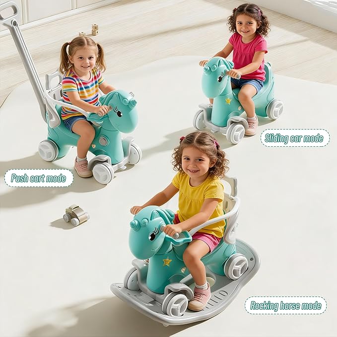 Leavader Rocking Horse for Toddlers, Multifunctional 4 in 1 Design Kids Rocking Horse, Toddler Ride on Toys, Balance Bike, Push Cart with Detachable Board, Ideal Gift for Children (Bule - XL)