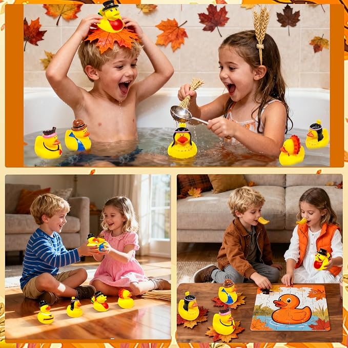 Thanksgiving Rubber Ducks, 12 Pack Turkey Ducks Bulk in 6 Styles Duckies Thanksgiving Party Favor Supplies Gifts for Kids Adults Parade Decorations Bath Duck Toys School Classroom Game Prizes