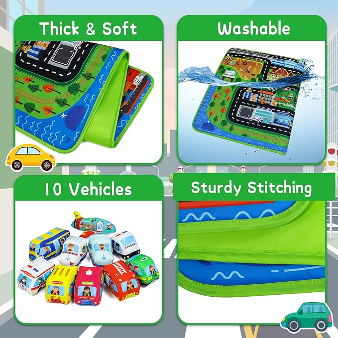 Dr.Rapeti Soft Toy Car Set for Babies Infants Toddlers Kids 1 Oversize Play Mat 10 Soft Toy Cars 47x30inches Washable Non-Toxic