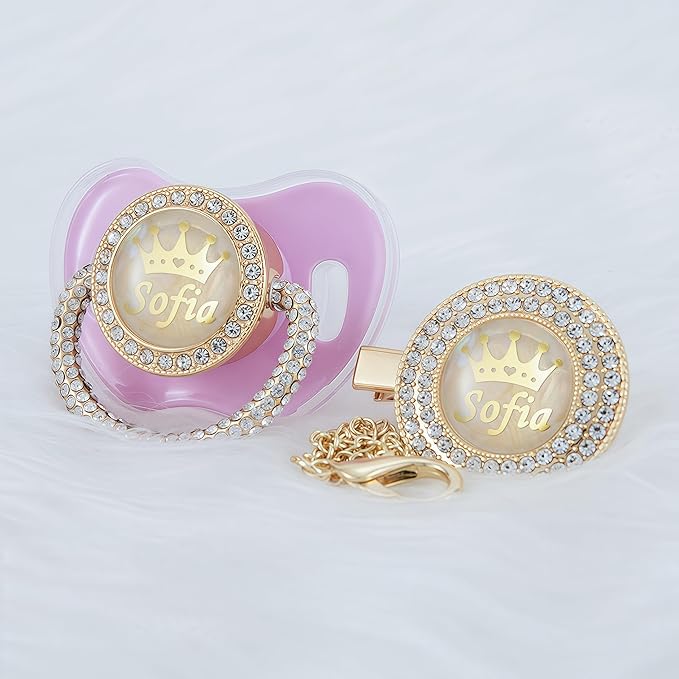Personalized Name Anniversary All Bling Pacifier and Clip Set Gold Plated New Born Gift Photography No for Daily Use (Light Purple)