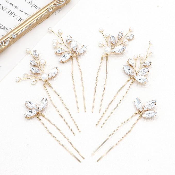 Oriamour 6 Pcs Rhinestone Wedding Hair Accessories Pearl Crystal Bobby Bridal Hair Clips Jewelry for Brides Bridesmaids Women Girls (Gold, 3.5'')