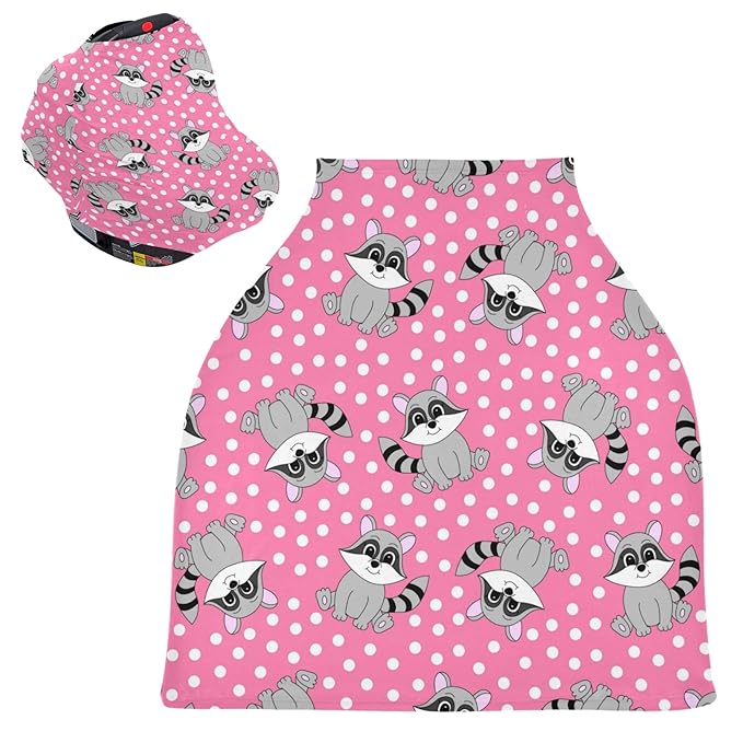 Cartoon Cute Raccoon Pink Polka Dot Pattern Stretchy Baby Car Seat Cover Infant Canopy Nursing Covers Breastfeeding Cover Breathable Windproof Winter Scarf for Boys Girls