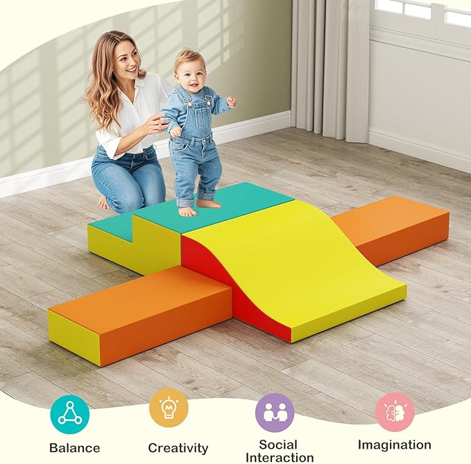 Olakids Toddler Climbing Toys Indoor, 10 Pieces Baby Foam Blocks Soft Play Set with PU Leather, Kids Climb Crawling Activity Gym Playground for 1+ Years (Red)