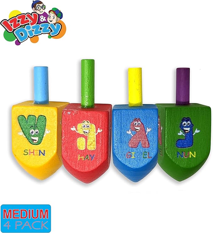 Izzy 'n' Dizzy Hanukkah Dreidels - Character Print Wooden Dreidel - 4 Pack Medium