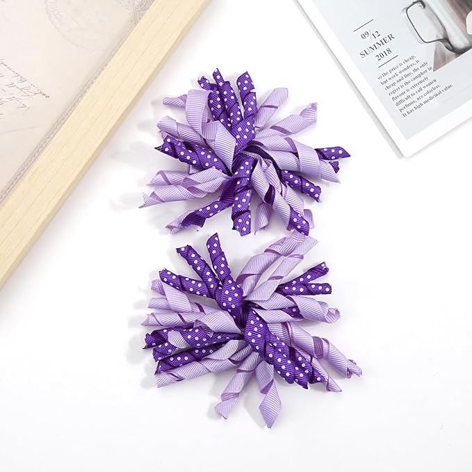 Yxiang 2PCS Purple Korker Bows for Girls 3'' Curly Bow Hair Clip Ribbon Ponytail Bows Alligator Clip Hair Barrette for Girls Toddlers Kids