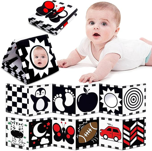 Yeeeasy Tummy Time Baby Toys for Newborn 0-6 Months, Double-Sided High Contrast Black and White Baby Book with Mirror, Montessori Sensory Crinkle Soft Toys for Infant Brain Development 0-12 Months