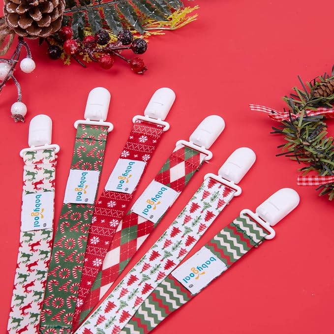 babygoal Christmas Pacifier Clips, 6 Pack Binky Paci Holder and Leash Fits for Most Pacifier, Binkies and Xmas Gift