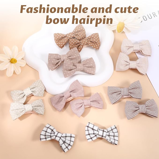 10 Pairs Bows for Baby Girls, Baby Hair Clips Set for Infant Fine Hair, Cotton Bow Hair Clips, Fully Lined Non Slip Alligator Clip without Damaging Hair, Hair Accessories for Girls, Toddler