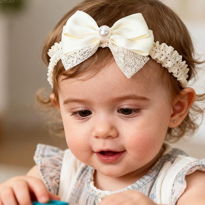 Handmade Baby Girl Headbands in Beige Baby Bows and Floral Lace Headband Bows for Newborns and Toddlers Cute Baby Girl Bows and Newborn Headband Bows