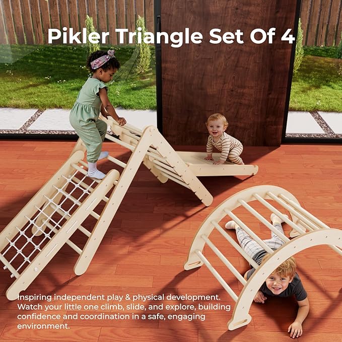 LINKHOO Pikler Triangle Set of 4, Wooden Montessori Climbing Set for Toddlers Ages 2-8, Indoor Jungle Gyms with Arch, Ramp, Ladder and Climbing Net, Natural