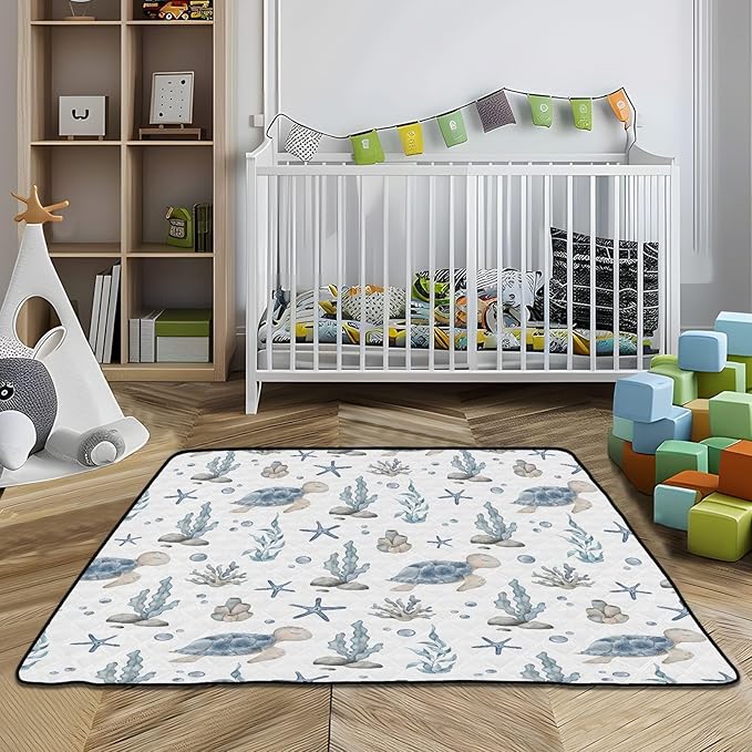 Baby Play Mat Sea Turtle Seashell Starfish 50" X 50" Play Gym Crawling Mat Soft Non-Slip Portable Picnic Floor Mat for Infant, Babies, Toddler, Kids