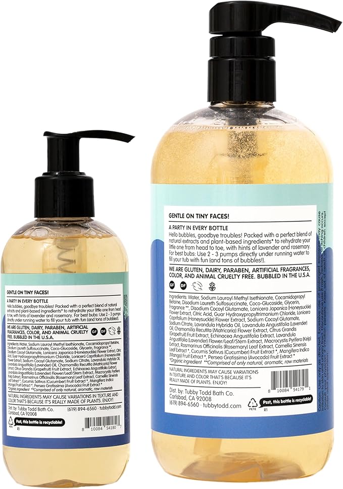 TUBBY TODD Bubble Bath for Kids, Toddlers & Babies - Hypoallergenic, Non-Irritating Sensitive Skin Bubble Bath - 2 Pack, 25 fl oz & 8 fl oz - Lavender Rosemary