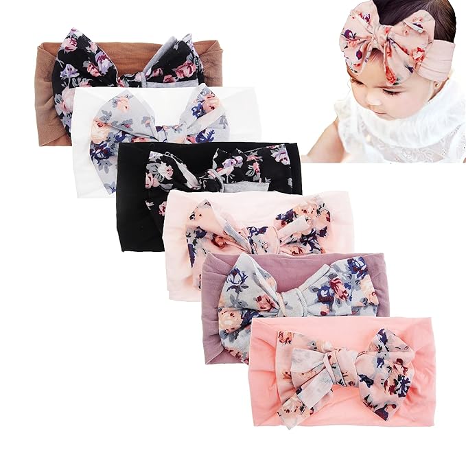 Nishine 6 Pack Cute Toddler Baby Girls Elastic Soft Nylon Headwraps Infant Knot Bow Headband Turban (Pink Set-6pcs)