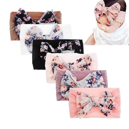 Nishine 6 Pack Cute Toddler Baby Girls Elastic Soft Nylon Headwraps Infant Knot Bow Headband Turban (Pink Set-6pcs)