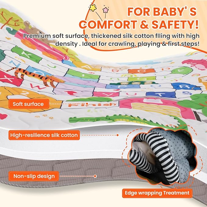 Baby Play Mat for Floor,71x59 Inch Soft Padding Crawling Mat, Foldable and Machine Washable, Thick for Babies & Toddlers,Animal School