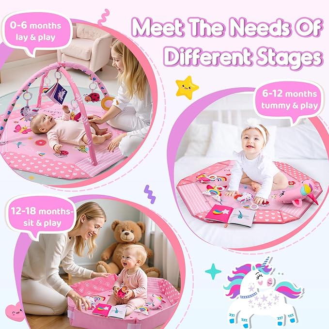 Windidi Unicorn Baby Gym Play Mat, 9-in-1 Tummy Time Mat with 7 Baby Toys, Washable Baby Activity Mat for Visual, Sensory, Motor Development, Newborn Baby Toys Gift for Toddler 0-3-4-6-9-12 Months