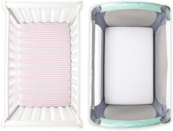 NODNAL CO. 3 Fitted Pink Mini Crib Pack n Play Playard Portable Crib Sheets Set - 100% Oeko-TEX Cotton Baby Girl Nursery Bedding - Chevron, Polka Dot, & Stripe Travel Pack and Play Playpen Sheet