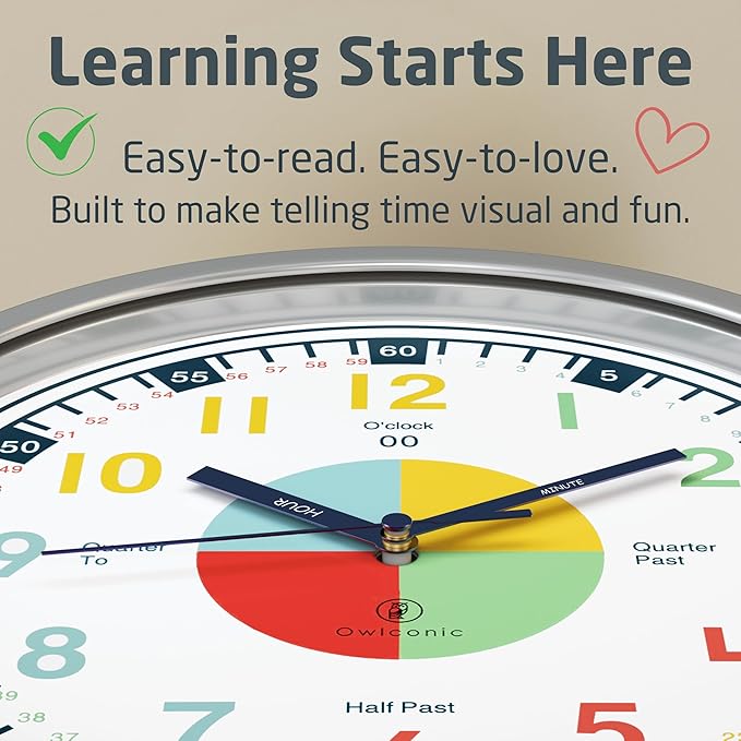 OWLCONIC Clock for Kids – Educational Analog Learning Wall Clock, Non Ticking Teaching Clock for Classroom & Homeschool, Silent Kids Bedroom Décor Multicolor