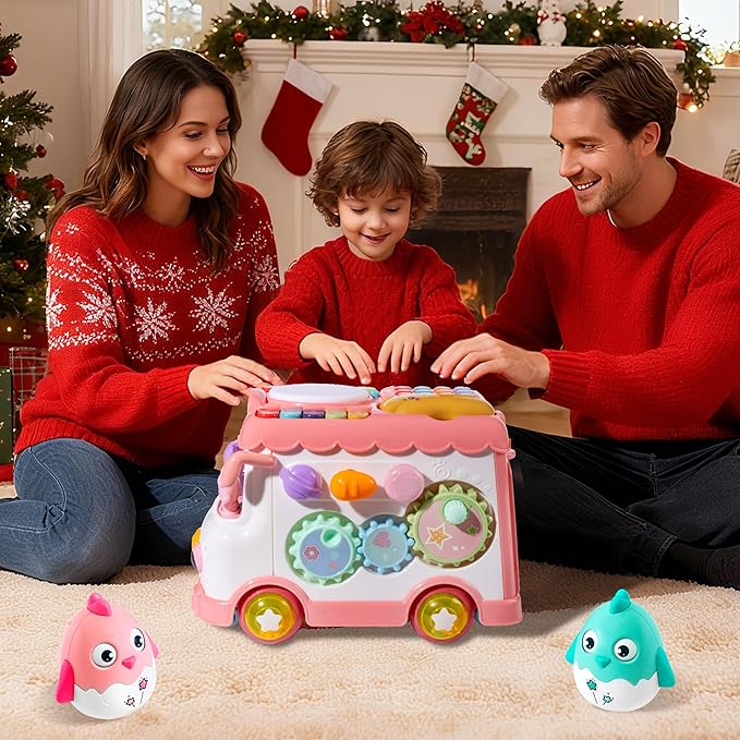 Toys for 1 Year Old Girl Gifts, 10-in-1 Montessori Toys Bus for Baby 6-12 12-18 Months, Educational Musical Learning Toddler Toy Age 1-2, 1st First Birthday Gifts for Girls and Boys, Pink
