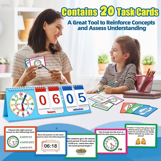 Torlam Learning Clock Flip Chart Colorful Analog & Digital Telling Time Teaching Clock for Kids, Math Manipulatives 1st 2nd Grade Homeschool Supplies Kindergarten Preschool Learning Activities Games