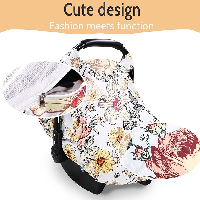 Floral Car Seat Insert,Cushion for Stroller, Swing, Bouncer, 2-in-1 Reversible, Floral Baby Car Seat Cover for Girl,Infant Carseat Canopy Sun Cover，Baby Carrier Cover with Zipped Peep Windows