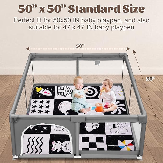 Baby Play Mats for Floor, 50x50 Playpen Mat, Premium & Thicken Soft Foam Play Mat for Baby, Non-Slip Cushioned Floor Mat for Baby, Machine Washable Infant Play Mat (High Contrast)