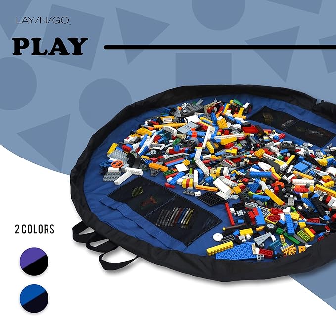 Lay-n-Go Layflat Portable Drawstring Cinch Storage Toy & Mini Figures Organizer & Play Mat, Mesh Pockets, Home & Travel, Kids & Toddlers Playdates, 2 Straps for Backpack, Durable, Machine Washable