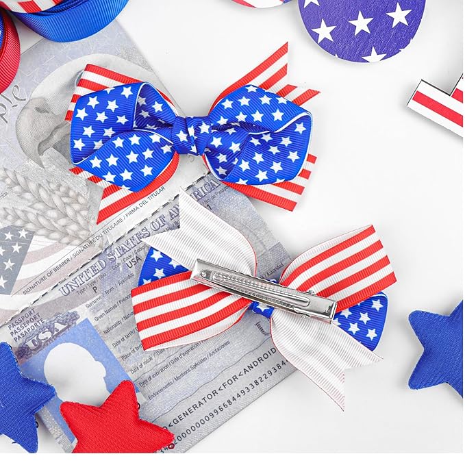YanJie 4'' 4th of July Bow 2pcs Hair Clips American Flag Hairgrips Girls Patriotic Barrette Red Blue Hair Clips Independence Day Hair Accessories