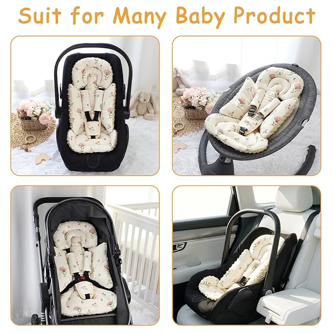 SWESEN Infant Car Seat Insert with 3 Strap Covers Set, Car Seat Head Support Baby for Girls, Soft 3 in 1 Baby Car Seat Cushion for Strollers, Bouncers, Swing, Simple Floral