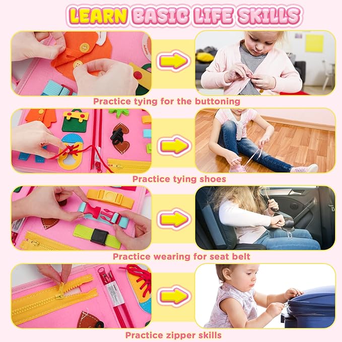 URMYWO Busy Board - Montessori Toys for 1 2 3 4 Year Old, Busy Book Toddler Activities with Fine Motor Skills, Autism Sensory Toys Gifts for Boys Girls, Travel Toys for Road Trip Plane Car (Pink