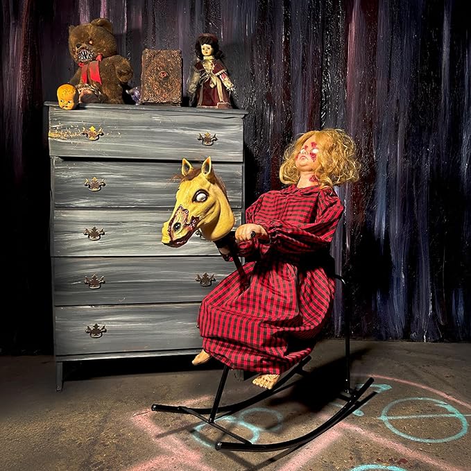 Haunted Hill Farm 3.2-Ft Animatronic Rocking Horse Girl, Halloween Animatronic, Creepy Gothic Horror Movie Décor, Scary Macabre Party Decoration with Voice & Sound-Activated Lights & Sound, Life-Size