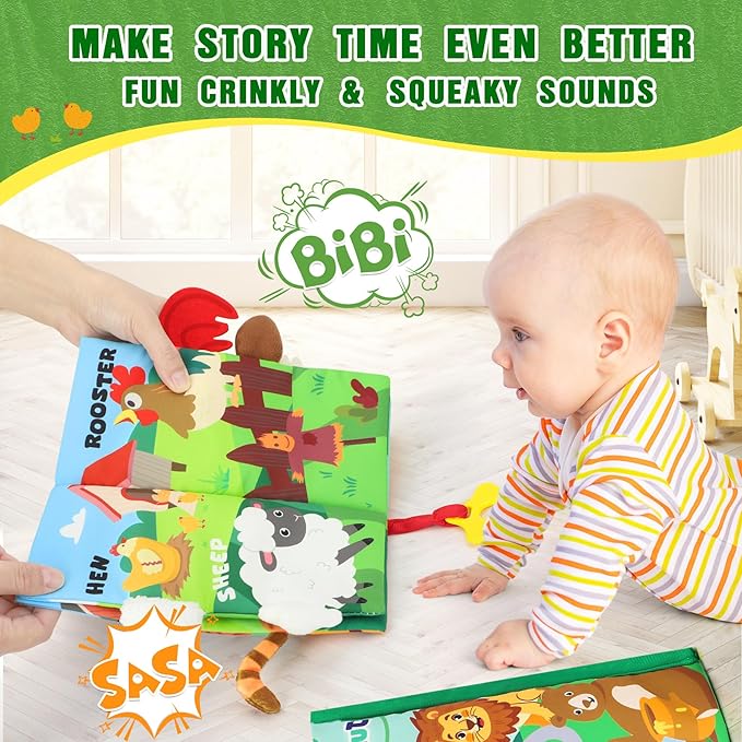 BBWOO Soft Baby Book Toy - Newborn Boy Girl Shower Gift - Tummy Time Toy for Infant 0-6 6-12 Months - Touch and Feel Sensory Crinkle Book with Teether - Baby Boy Girl Gift - Easter Basket Stuffers