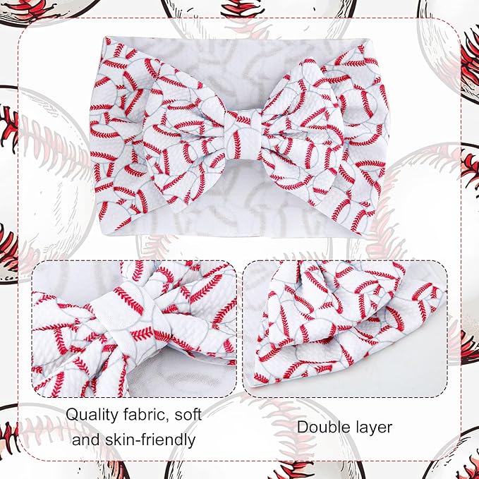 BOXOB Baseball Bow Headband Baby, High Stretchy Soft Nylon Headbands in Red & White Game Sport Event Hair Accessories for Girls and Infants