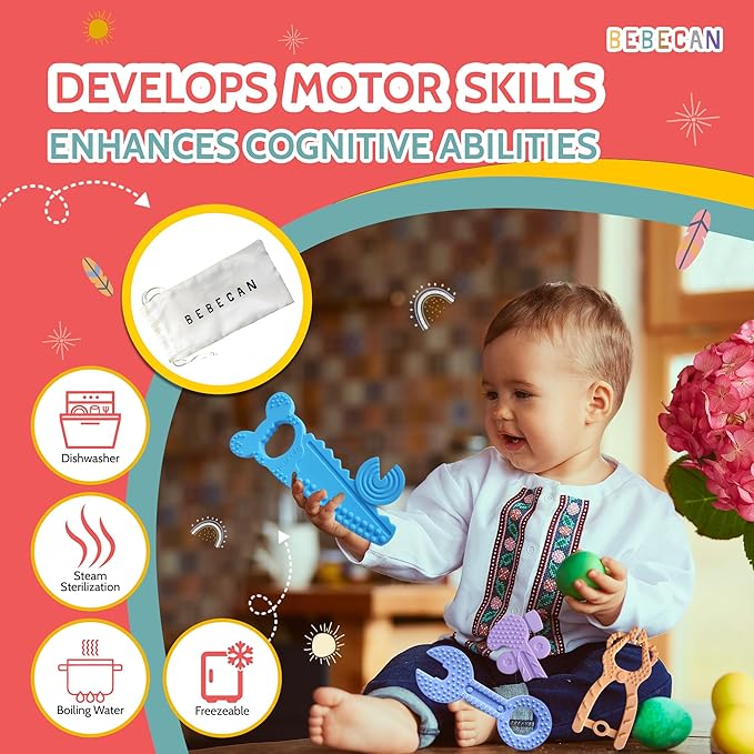 BEBECAN Teething Tools Teether for Baby - 5 Premium Food-Grade Silicone Baby Boy Teething Toys, 2 Straps for Safety and Travel Bag Tool Toys Provide Soothing Relief and Healthy Development.