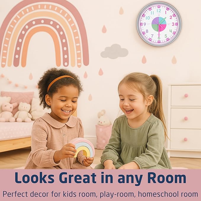 OWLCONIC Clock for Kids – Educational Analog Learning Wall Clock, Non Ticking Teaching Clock for Classroom & Homeschool, Silent Kids Bedroom Décor Pastel Pink