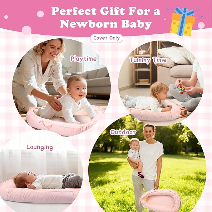Baby Lounger Cover for Boys and Girls, Pink 100% Cotton Baby Nest Cover, Breathable Replacement Cover for Infant and Newborn Snuggle Me Lounger, Cover Only